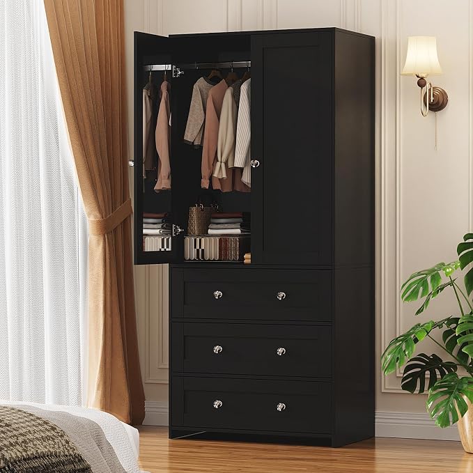 VOWNER Armoire Wardrobe Closet with Drawers and Mirror, 71" Clothing Storage Cabinet with Hanging Rod, 2 Doors Wooden Wardrobe Cabinet for Bedroom, Large Capacity Storage