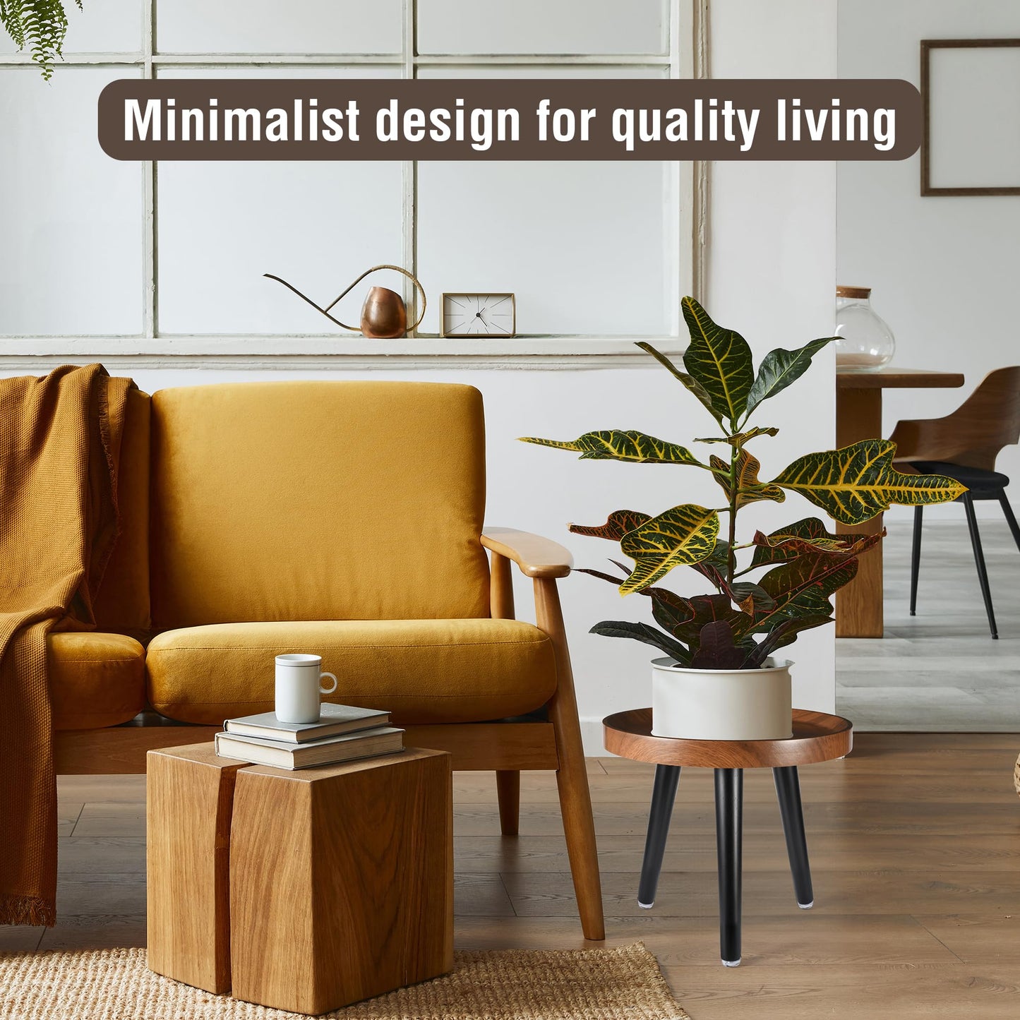 KGPLOME Indoor Plant Stand,Wood Mid Century Plant Table in Walnut Finish,Tall Plant Stand for Flower Pot,Modern Round Small Side End Table with Raised Design (Walnut, 12"x10.8" 2 Pack)