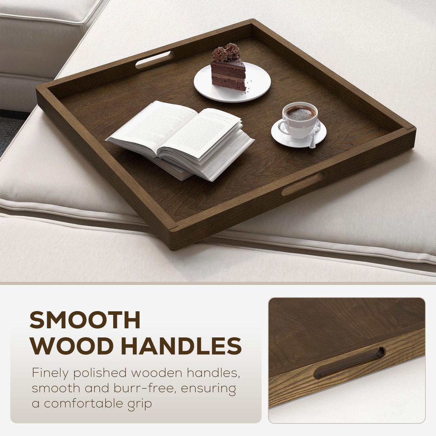 Axeman 24 Inch Large Square Wooden Ottoman Tray for Living Room|Extra Large Serving Tray with Handles for Coffee Table, Breakfast|Decorative Wood Tray for Ottoman Couch Sofa Kitchen|Walnut