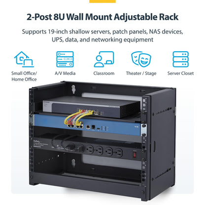 StarTech.com 2-Post 8U Wall Mounted Rack, Adjustable Depth up to 16in, for 19-inch Server/Data/Networking Equipment, Max 88lb