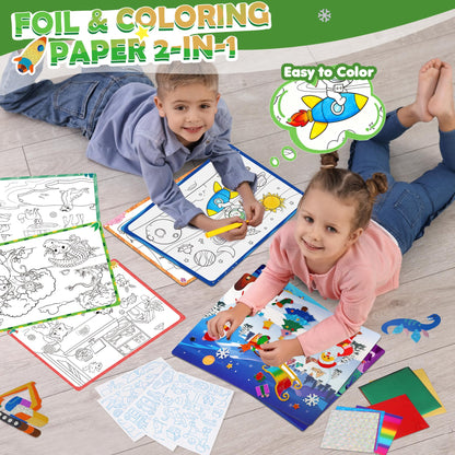 Fun Foil Art Craft Kits, 2 In 1 DIY Dinosaur & Space Creative Sticker Coloring Activity, Travel Toys, Arts and Crafts for Kids 4-6, No Mess Art Craft Supplies, 4 5 6 7 8 9 10 Year Old Boy Girl Gifts