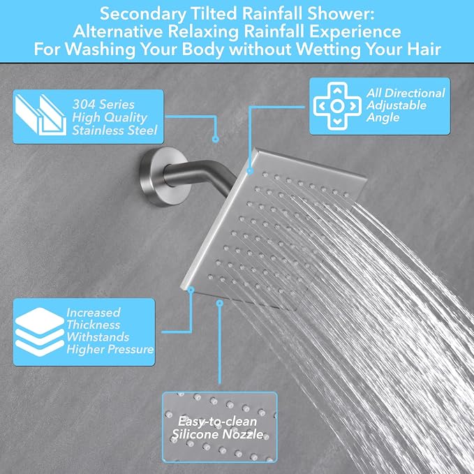 VANFOXLE Shower Faucet Set Brushed Nickel Shower System, Push Button Diverter Shower Faucet with Trim Kit, Ceiling Mount 10 Inch Shower Head Increased Thick, 6 Inch Side Shower Head, 2-in-1 Handheld