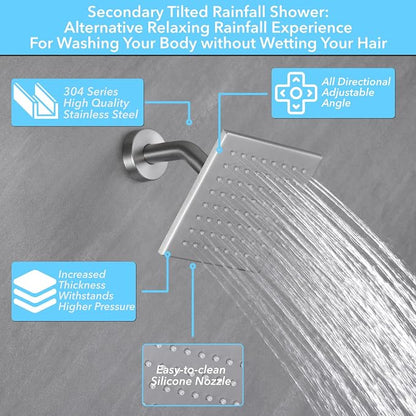 VANFOXLE Shower Faucet Set Brushed Nickel Shower System, Push Button Diverter Shower Faucet with Trim Kit, Ceiling Mount 10 Inch Shower Head Increased Thick, 6 Inch Side Shower Head, 2-in-1 Handheld