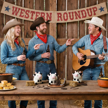 Tasdurian 6 set Western Themed Party Decorations Cowboy Table Centerpieces Cow Plush Hay Bales Lucky Horseshoe Wooden Wagon Wheel Decor for Crafts Western Cowboy Party Birthday Wedding Favors Supplies