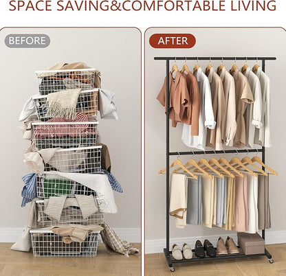 Sywhitta Double Rod Clothing Garment Rack, Rolling Coat Hanger with Bottom Mesh, Clothing Rack for Hanging Clothes, Coats, Skirts, Sweaters, Black
