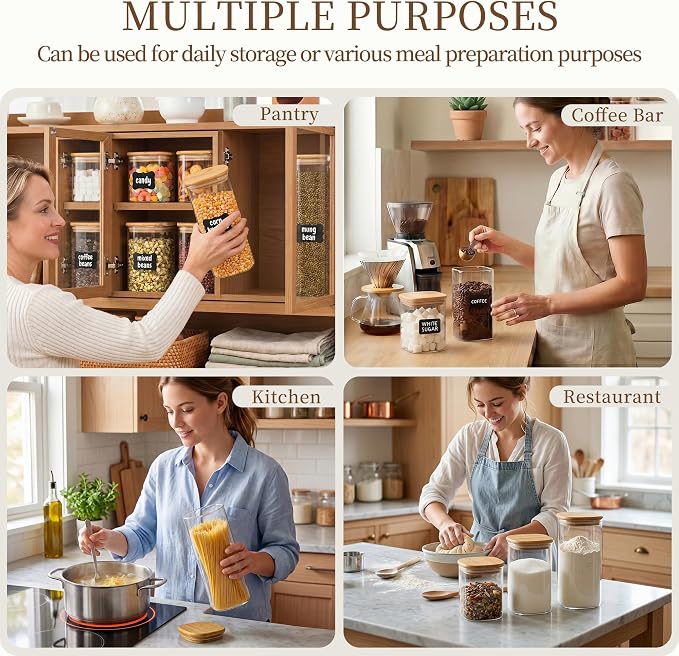 SENTVEND 73 Oz Glass Storage Jars with Bamboo Lids - 3 Pack Clear Glass Canisters Square Airtight Stackable Ideal for Pantry Storage Containers Great for Storing Oats Coffee Beans Pasta Flour Rice etc