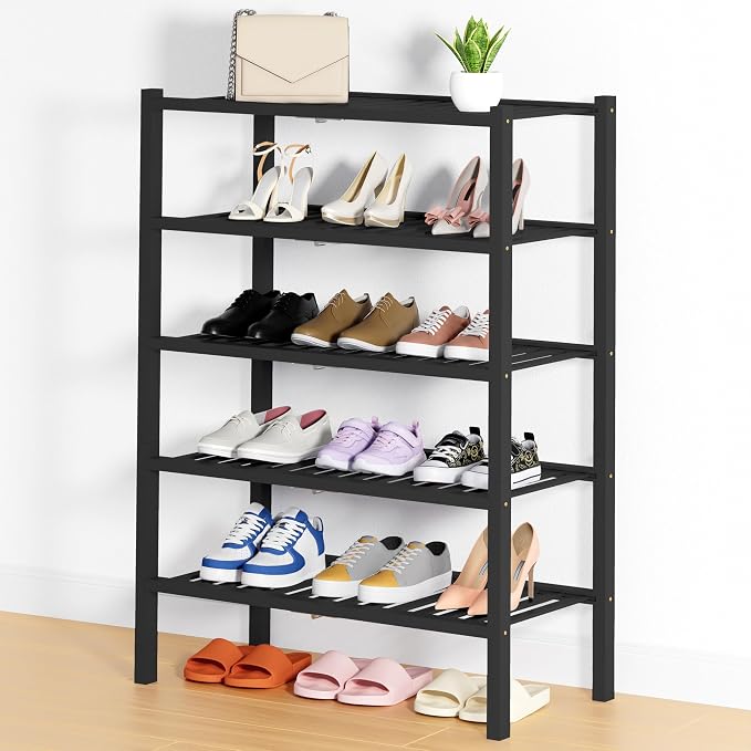 Smiry Bamboo Shoe Rack, 5 Tier Free Standing Wooden Shoe Organizer, Stackable Wood Shoe Storage Shelf for Closet, Entryway, 14 Vertical Slats, 2+2+1 Stack Heavy-Duty Legs, 26.8"x11"x32.5", Black