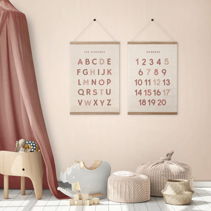 Bon et Beau 16×24 Inch Embroidered Alphabet Poster Framed with Wood Hanger - Dusty Pink Wall Decor for Girls Nursery, Bedroom, Playroom, Toddler and Kids Room