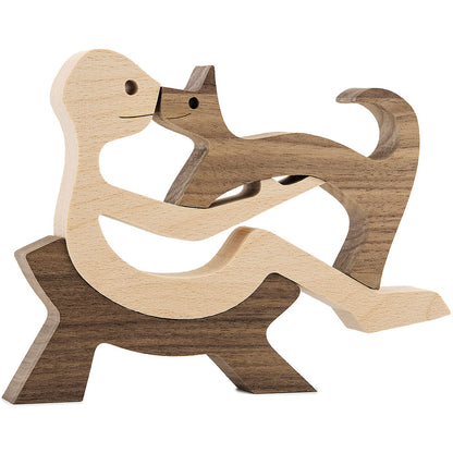 KINGNOW Animal Decor Wooden Statue Man and Cat Figurines Decor Carved Wood Decorative Sculpture