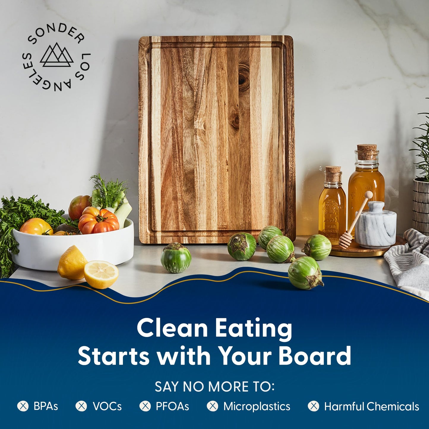 Sonder Los Angeles Winsome Acacia Wood Cutting Board | Acacia Edge Grain Cutting Board for Kitchen with Juice Groove & Sorting Compartment | Perfect for Charcuterie | Gift Box Included | 16x12x1.5 in