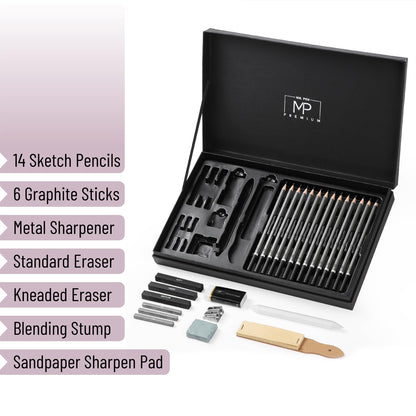 Mr. Pen- Drawing Sketching Pencil Set, 25 pcs, Graphite Pencils (10B-6H), Graphite Sticks, Erasers, Sharpener, Blending Stump & Sandpaper Pad for Drawing, Shading & Art Projects