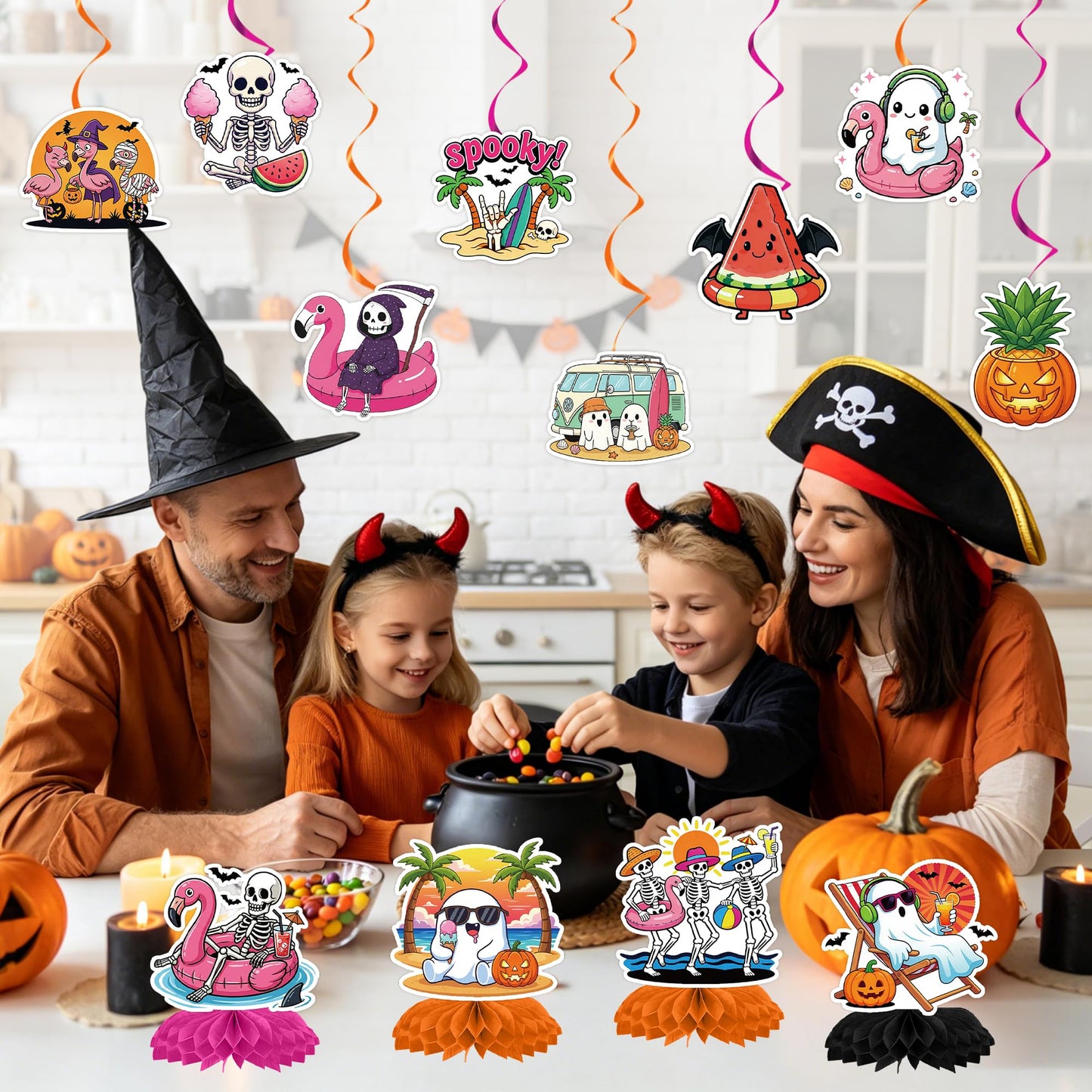 RUBOAOA Summerween Party Decorations, 14 Pcs Hot Ghoul Summer Decor with Banner Hanging Swirl Honeycomb Centerpieces, Tropical Spooky Ghost Skeleton Halloween Decor for Summer Beach Pool Luau Birthday