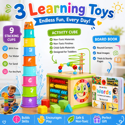 Wooden Activity Cube for 1 Year Old - 1 Year Old Boy Gifts - 1 Year Old Boy Toys - Educational Toys for 1 Year Old - Busy Cube with Bead Maze Toy - Baby Stacking Cups & Board Book - Blue Gift Box
