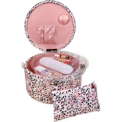 SINGER Large Round Sewing Basket with Emergency Travel Sewing Kit & Matching Zipper Pouch - Rose Pink Leopard Print