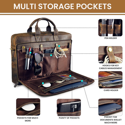 Mens Full Grain Leather Briefcase Fits 16 Inch Laptop, Leather Laptop Messenger Shoulder Satchel, Vintage Professional Work Office Bag - Brown