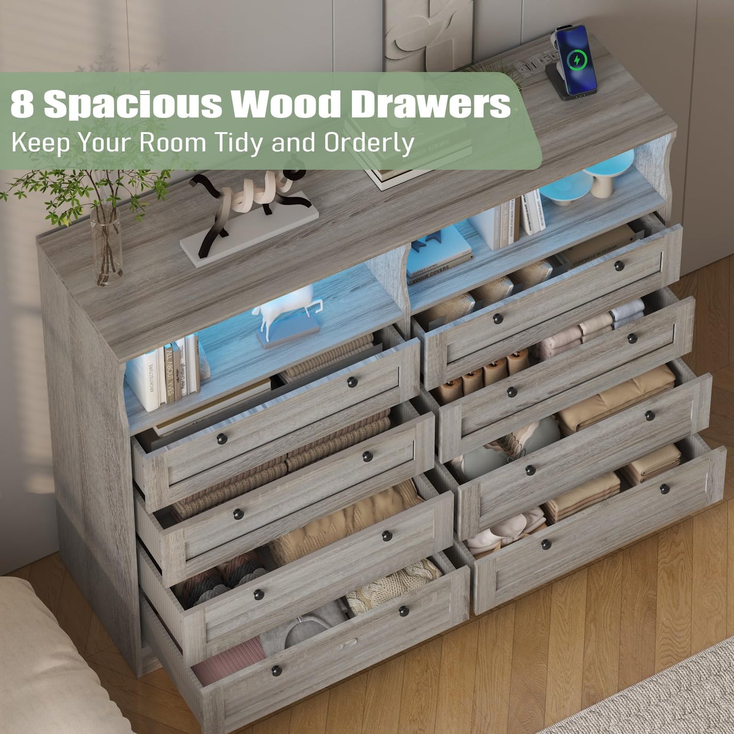 GAOMON 8 Drawer Wooden Dressers for Bedroom with Power Outlet and LED Lights, Grey Wood Chest of Drawers with Deep Drawer, Modern Wide TV Stand Dresser for 55" TV for Bedroom, Living Room, Hallway