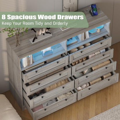 GAOMON 8 Drawer Wooden Dressers for Bedroom with Power Outlet and LED Lights, Grey Wood Chest of Drawers with Deep Drawer, Modern Wide TV Stand Dresser for 55" TV for Bedroom, Living Room, Hallway