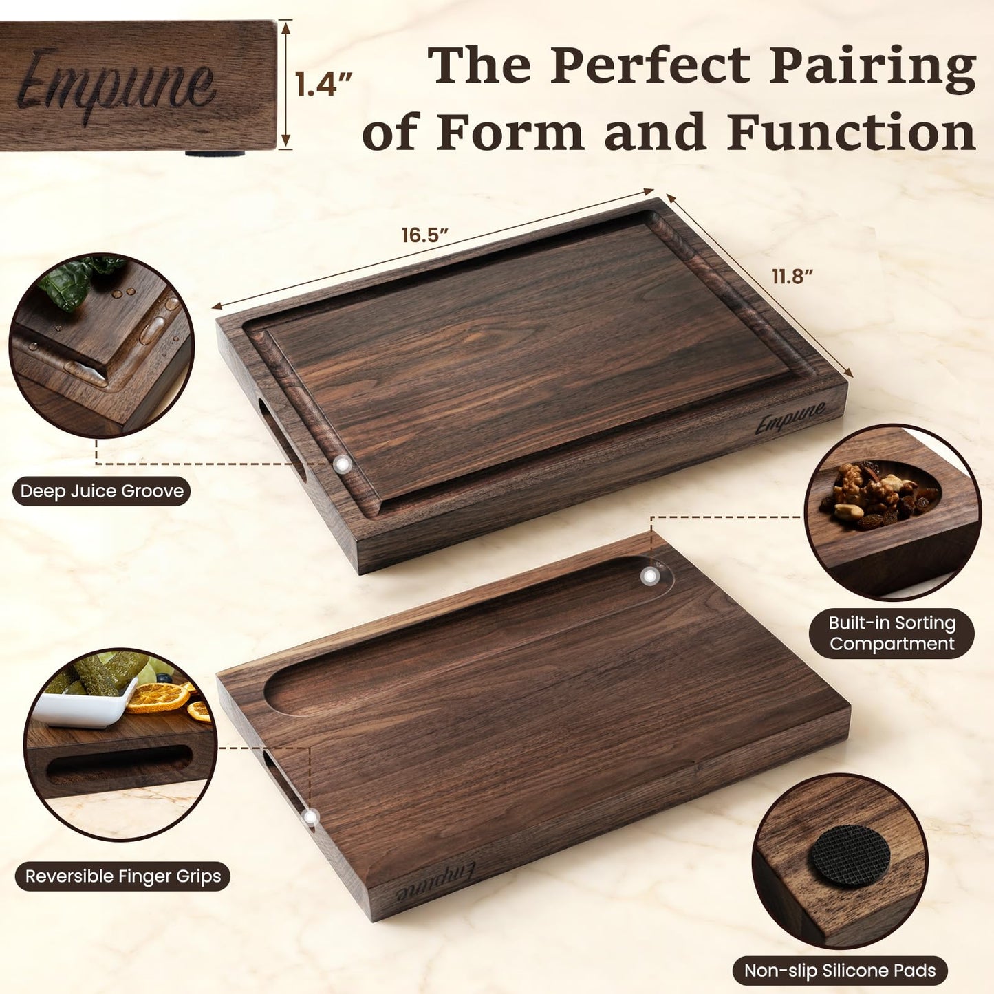 Empune Black Walnut Wood Cutting Boards for Kitchen Wooden Cutting Board with Handle, Chopping Board with Built-in Juice Groove & Well, Heavy-duty Charcuterie Board Butcher Block, 16.5x11.8x1.4 Inches