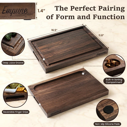 Empune Black Walnut Wood Cutting Boards for Kitchen Wooden Cutting Board with Handle, Chopping Board with Built-in Juice Groove & Well, Heavy-duty Charcuterie Board Butcher Block, 16.5x11.8x1.4 Inches