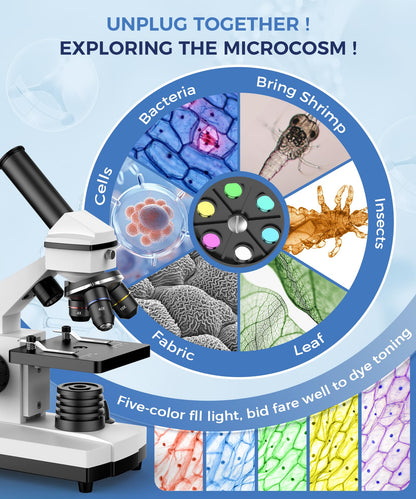 PalliPartners Compound Microscope for Adults & Kids - 100X-2000X High-Power Biological Microscope for Students, School Lab & Home Education, with Slides Set & Phone Adapter (White)