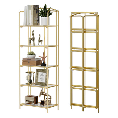 Crofy 5-Tier Foldable Bookshelf, Gold Frame & Transparent Shelves