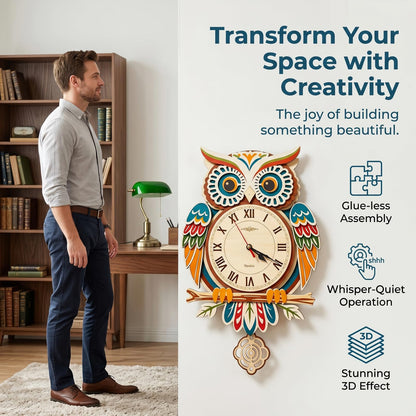 Wooden Owl Clock Puzzle—A 3D DIY Assembly kit for a Decorative wall Clock, Featuring Autumn Leaves and Bird Motifs, Perfect for Rustic Farmhouse-Style Decor in Kitchens and Living Rooms