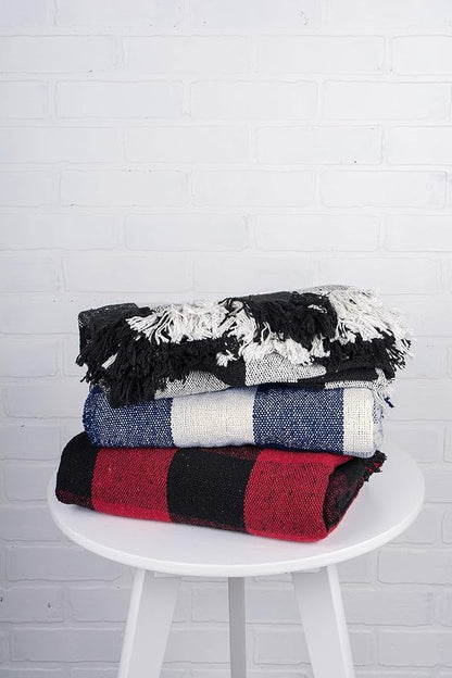 DII Buffalo Check Collection Rustic Farmhouse Throw Blanket with Tassles, 50x60, Navy/Off-White