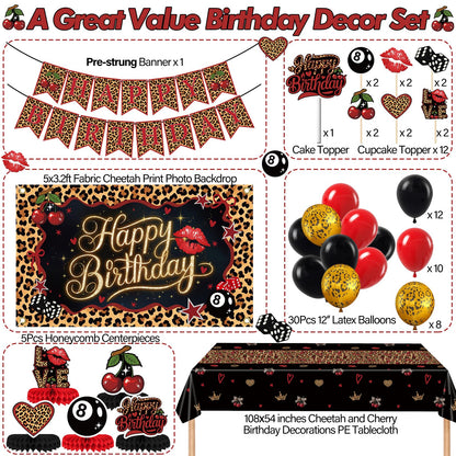 Red Black Cheetah Print Cherry Birthday Decorations Kit - Leopard Birthday Party Decor with Pre-Strung Banner Backdrop Tablecloth Balloons Cake & Cupcake Toppers, Prefect for Girls Women Big Mama