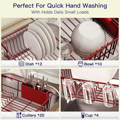 MAJALiS Red Dish Drying Rack Over Sink with Utensil Holder, Drainboard | Expandable Stainless Steel Dish Drainer for Small Kitchen, Apartment, RV, Counter Space Saving, Perfect Fit, Rustproof