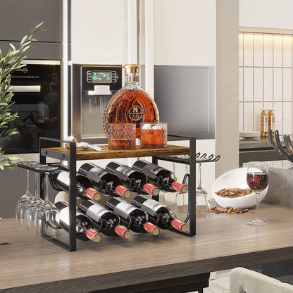 JAFUSI Wine Rack for Countertop, Metal Tabletop Wine Holder, Natural Wood 8 Wine Bottles Storage Shelf Stand with Wood Tray 6 Glasses Hooks