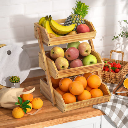 Merysen 3-Tier Wooden Fruit Basket For Kitchen Countertop, Bread Vegetable Basket Bowl Stand, Large