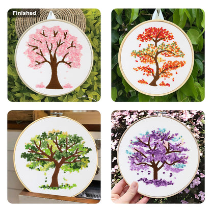 Sivilife Embroidery Starter Kit for Beginners, 4 Sets Stamped Cross Stitch Kits for Adult, Seasonal Tree Pattern Hand DIY Kits with 2 Embroidery Hoop Instructions Color Threads Needles and Scissor