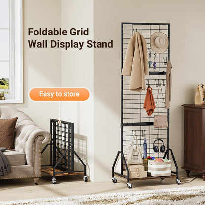 ELYKEN Foldable Grid Wall Panels 5.5' x 2' FT, Movable Wire Gridwall Display Rack with Wheels and Adjustable Foots, Retail Display Stand for Vendor with Storage (Rustic Brown)