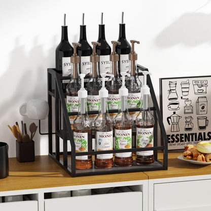 Vantimo Coffee Syrup Rack Organizer, 3 Tier Countertop Storage Shelves, Kitchen Storage, 12 Syrup Bottle Stand Holder for Wine, Liquor, Kitchen Coffee Station Organizer Rack, 13.8"x13.4"x13.0", Grey