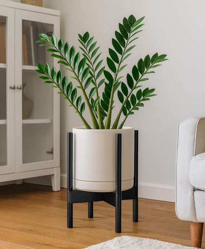 D'vine Dev Ceramic Planter with Ebony Stand - 10 Inch Modern Round Flower Pot with Wood Planter Holder, Oatmeal, 55-B-L-8