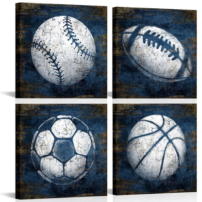 KLVOS Navy Blue Sports Wall Art Décor Basketball Baseball Soccer Football Canvas Art Prints Sport Balls Picture for Man Cave Kids Teenagers Boy Room Decor 12x12inchx4 Piece
