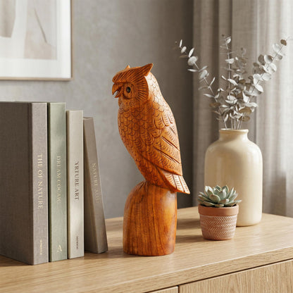 G6 Collection 10" Wooden Handmade Owl Figurine Handcrafted Statue Art Home Decor Sculpture Hand Carved Decorative Rustic Accent Decoration Hoot Owl Standing on a Tree Branch