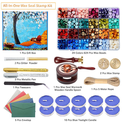 Comealltime Wax Seal Kit with Gift Box, 624 Pcs 24 Colors Sealing Beads, 2 Pcs Stamps, Sealing Wax Warmer, Metallic Pen, Envelope, Candles for Wedding Birthday Gift and DIY Craft, Sellado de Cera