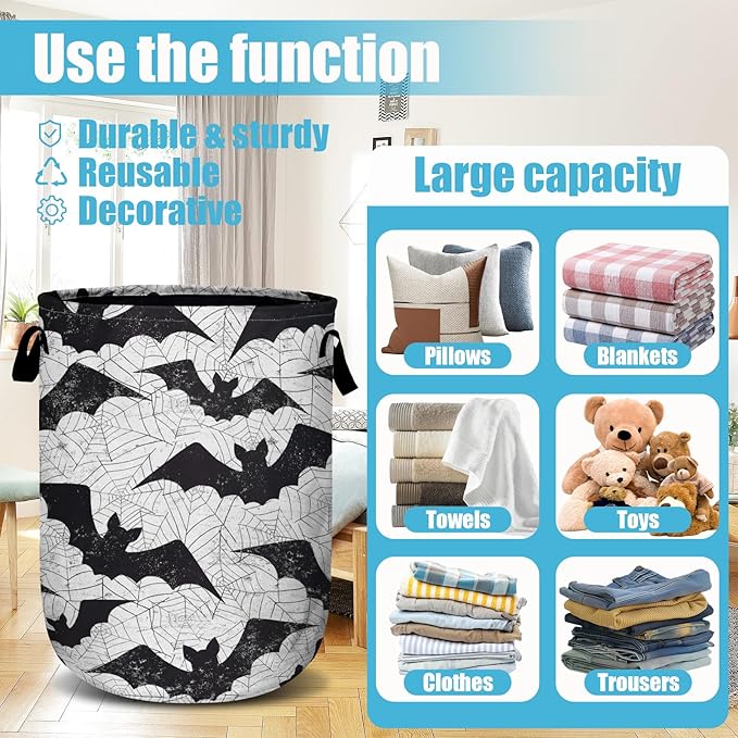 Retro Black White Bat Laundry Basket, Halloween Laundry Hamper Collapsible