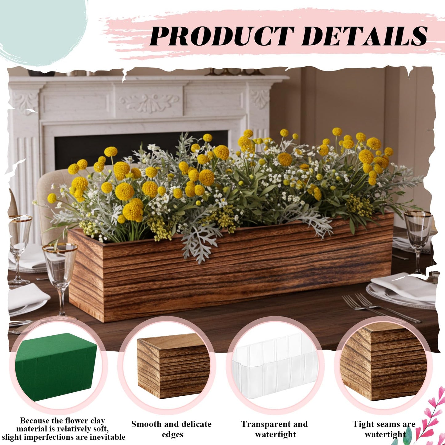 Dandat 12 Set Wood Boxes for Centerpieces 16x4 Inch Rectangle Wooden Planter Box Rustic Wood Planter with Removable Plastic Liner Floral Foam Blocks for Centerpieces Home Wedding Garden Decor