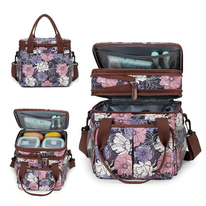 MOV COMPRA Lunch Bag for Women Men Double Deck Expandable Lunch Box,Large Lunch Bags,Leakproof Lunch Box Cooler Bag (Purple Flower)
