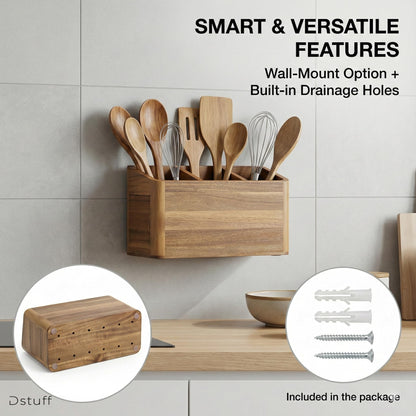 Dstuff Large Kitchen Utensil Holder Organizer for Counter or Countertop, Large Wooden Utensil Holder for Storage Cooking and Silverware with 3 Compartment, Acacia Rustic Wood Container Extra Large