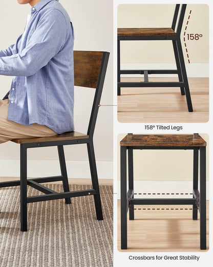 VASAGLE Dining Chair Set of 2, Rustic Wood Chairs with Metal Steel Frame, Easy to Assemble, Comfortable Seat, Modern Farmhouse Chair for Kitchen, Bedroom, Living Room, Rustic Brown and Ink Black