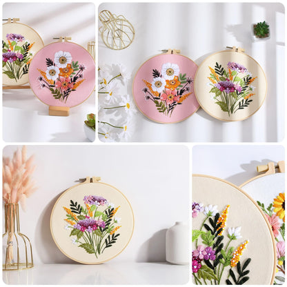 Offizon 3 PCS Embroidery Kit for Beginners - Cross Stitch DIY Craft Set, Flower Embroidery Accessories & Hoop Included, Hand Embroidery Kit for Adults Stitching Sewing Kit Gift | FlowerB Patterns