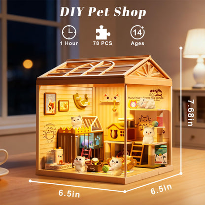 Loyratche DIY Pet Cat Miniature House Kit, Mini Dollhouse with Furniture & LED Light with Roof & Dust Covers Tiny House Toy for Adults