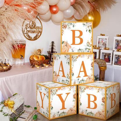 AmazingSpark 4 Pcs Little Pumpkin Baby Shower Boxes with Letters Fall Pumpkin Candy Box Decor with Letters Blocks Baby Shower Centerpiece for Party Backdrop