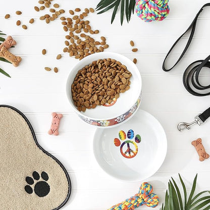 Bone Dry Ceramic Food Bowls, Non-Slip & Dishwasher Safe, Large Set, 7.5x2.4, Peace Paw, 2 Count