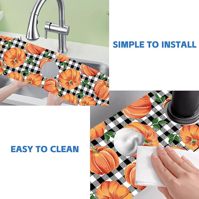 Thanksgiving Pumpkin Kitchen Sink Splash Guard Mat Buffalo Plaid Absorbent Fast