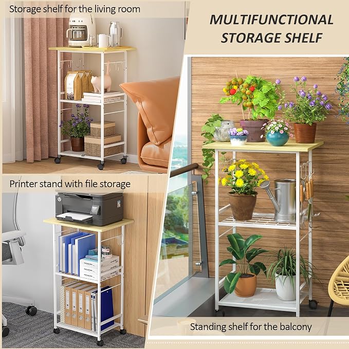 ThreeHio Rolling Kitchen Microwave Cart, 3 Tier Microwave Table Stand with Adjustable Shelf, Kitchen Storage Rack on Wheels, Coffee Station Cart Rack Shelf Organizer for Living Room Office, Balcony
