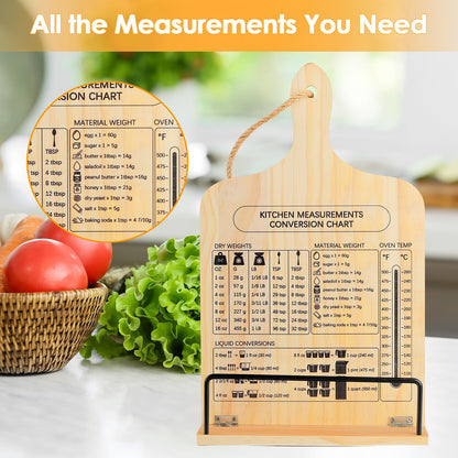 comfoyar Cookbook Stand for Kitchen Counter, Sturdy Recipe Book Holder with Adjustable Angle, Foldable Wood Cook Book Stand Holder with Measurement Conversion Chart, Easy Storage